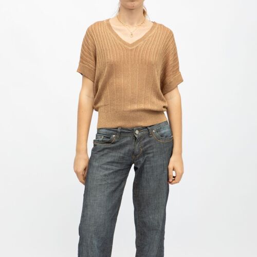 Pull Ajusté Manches Courtes Marron Clair Femme Deeluxe 74