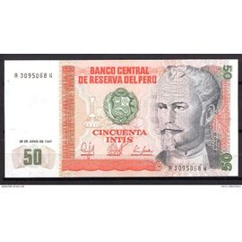 Billet De Banque Perou 50 Intis 1987 Pick 130 Neuf Unc  Dimension 148 × 74 Mm