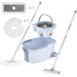 Serpillère COSTWAY avec Double Seau 8 Tampons Nettoyage en Profondeur à 360° pour Sols Bleu Claire