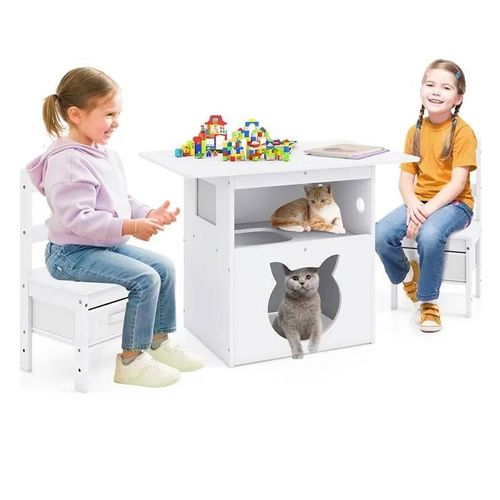 Costway Ensemble Table Et 2 Chaises Enfants - Mobilier 2-En-1 Avec Maison De Chat Avec Bacs De Rangement En Tissu, 80 X 52 X 59 Cm