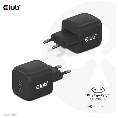 CLUB3D CAC-1909EU chargeur d'appareils mobiles Téléphone portable, Ordinateur portable, Smartphone Noir Secteur Intérieure
