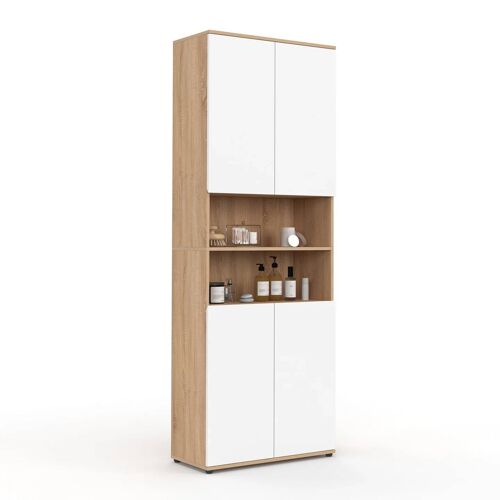 Meuble colonne salle de bain TOMI 4 portes 2 niches façon hêtre et blanc