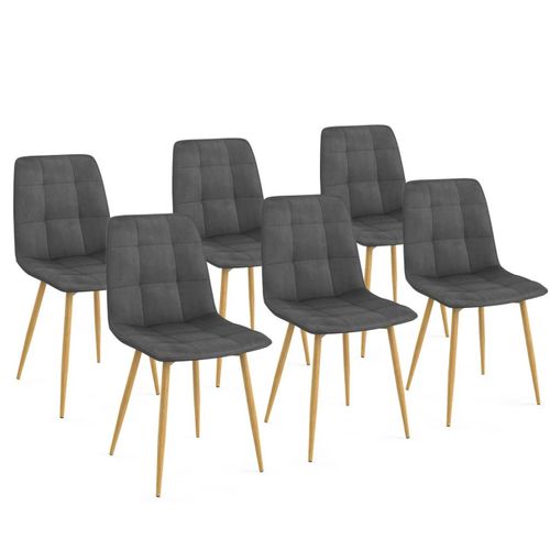 Lot de 6 chaises MILA en velours gris foncé pied effet bois pour salle à manger
