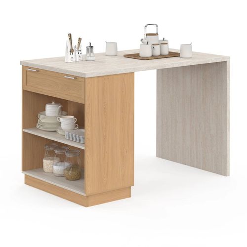 Ilot central mange-debout 4 personnes VITO 130 cm bois et plateau effet travertin