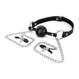 Bâillon Boule Avec Pinces À Tétons Noir - Bedroom Fantasies - Noir