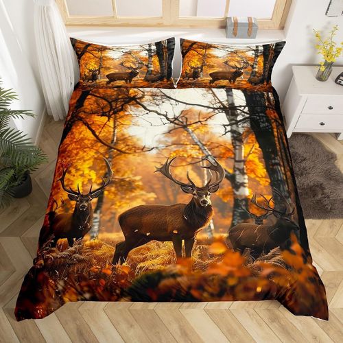 Housse De Couette Imprimé Cerf 200x200cm Ensemble De Literie Pour Les Animaux De La Forêt Pour Les Adolescents Brun Jaune Parure De Lit Jungle Elk Pour Les Enfants Décoré Chambre