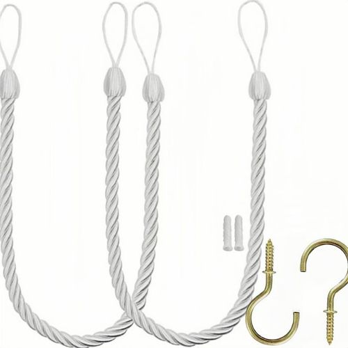 Cordon de rideau lacets, rideau main fixation avec 2 crochets à vis en métal, blanc paquet de 2