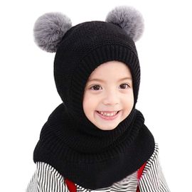 Chapeau Tricoté Doublé Peluche Pour Bébé, Épais Et Chaud, Avec Double Pompon, Circonférence 48-52 Cm, Idéal Pour L'hiver, Ski Et Snowboard