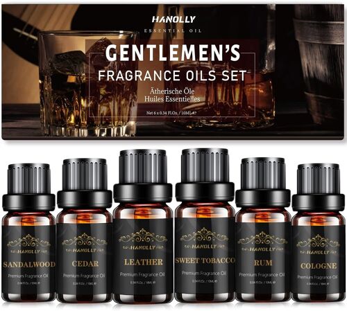 Huile Essentielle Hommes 6x10ml, Huiles Essentielles Naturelle Pour Diffuseur Bougie, Massage, Yoga, Spa- Cèdre, Tabac Doux, Bois De Santal,Cologne, Cuir, Rhum 