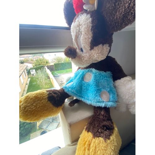 Grande peluche minnie mouse disney parks marron crème bleu jupe à pois