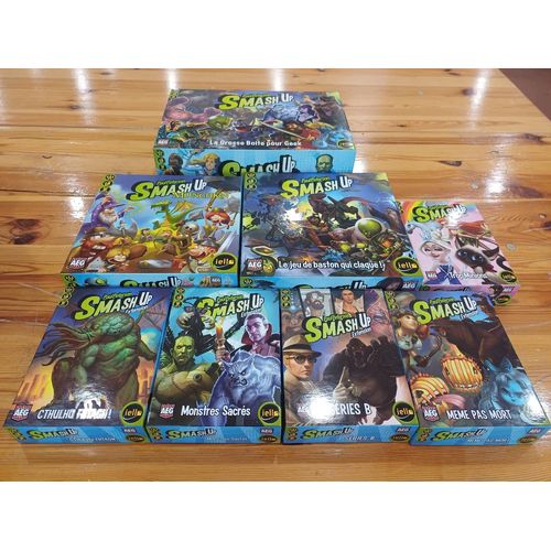 Smash Up Fr Iello + Grosse Boîte Pour Geeks + Smash Up Munchkin + 5 Extensions (Séries B/Monstres Sacrés/Trop Minions/Même Pas Mort & Cthulhu Fhtagn !).