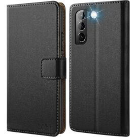 JGD-Coque MagFlip pour Samsung Galaxy S22+ 5G / S22 Plus 5G (6.6 Pouces), [Fabrication Soignée] Etui en Cuir Premium, Étui à Rabat, Housse de Protection - Noir