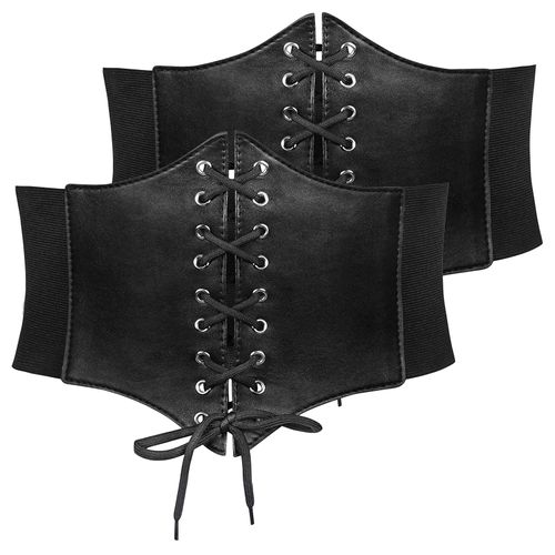 Ceinture Corset Femme 2 Pièces, Élastique À Lacets Vintage Pour Taille Fine, Idéale Pour Halloween Et Soirées - 83 Cm, En Tissu Élastique (70% Polyester + 30% Spandex) Et Pu, Avec 3 Boutons Pression