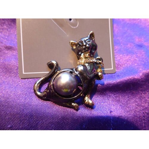 Pendentif / Broche Chat En Métal & Agate - Doré, Argenté & Gris. Unique Et Original ! 4.5 Cm. Lot 2546