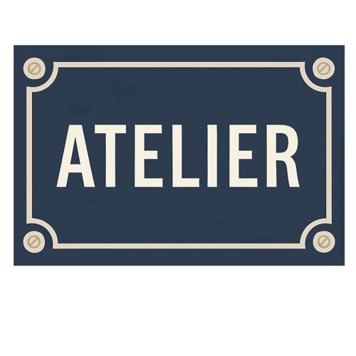 Plaque de porte Atelier en métal bleu  Style plaque de rue