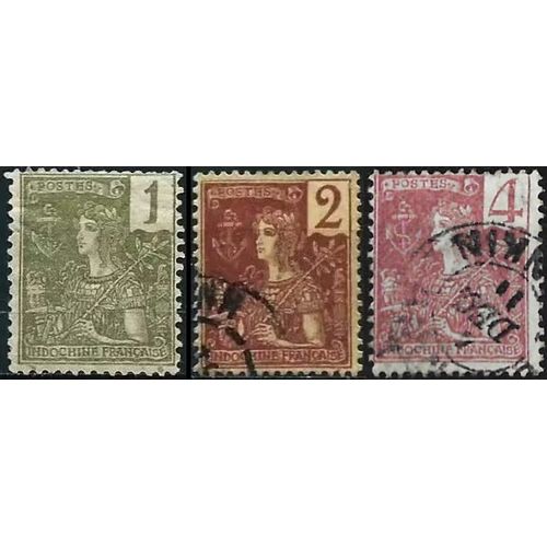 Indochine (Actuel Vietnam), Colonie Française 1904 - 1906, Beaux Timbres Neuf* / Oblitéré Yvert 24, 25 Et 26, Type Grasset 1c. Vert Olive, 2c. Lilas Brun Sur Gris Et 4c. Brun Rosé.