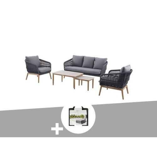 Salon De Jardin Alu Effet Bois Brossé Orissa Gris + Housse - 5 Places - Hespéride