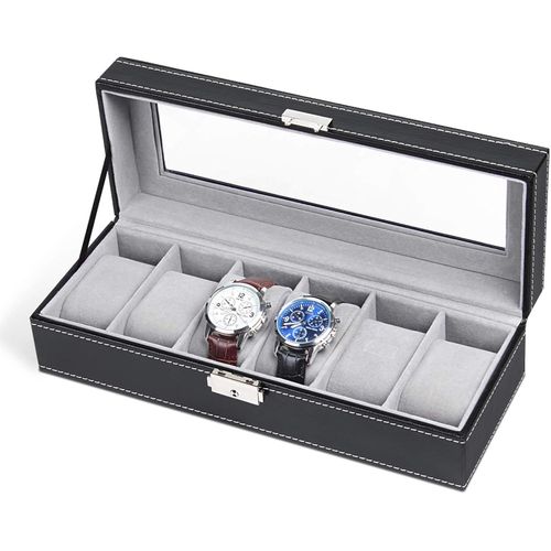 Boîte À Montres 6 Compartiments Cuir Synthétique Et Verre - Organisation Optimale Pour Montres & Bijoux, Protection Poussière & Rayures, Design Élégant Pour Stockage Et Décoration