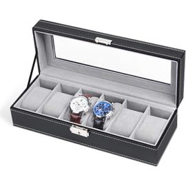 Boîte De Rangement En Cuir Artificiel Avec Couvercle En Verre Pour Montres Et Bijoux 6 Emplacements 30 À 50 Mm 30 X 11 X 8,2 Cm Noir