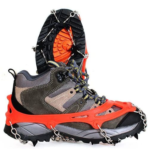 Crampons Anti-Dérapants (1 Paire) Pour Randonnée En Haute Montagne : Neige, Glace, Outdoor, Ski, Raquettes (Orange), 8 Dents En Acier Manganèse, Taille M (35-45), 0.3 Kg, Gomme Élastique Durable