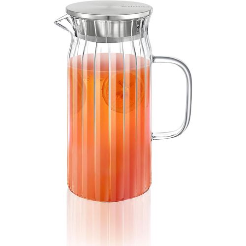 Cmws-Wilmax - Carafe En Verre Avec Couvercle En Acier Inoxydable - 1000 Ml - Carafe ¿¿ Eau En Verre Stri¿¿ - Carafe ¿¿ Eau Pour Jus, Eau, Th¿¿ Glac¿¿, Lait - Lavable Au Lave-Vaisselle