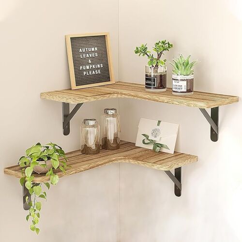 Jexnovashop-Lot De 2 Étagères D'angle Murales En Bois Pour Chambre À Coucher, Salle De Bain, Cuisine, Crèche, Salon, Bureau, Étagères D'angle Flottantes, Étagères Rustiques Avec Support
