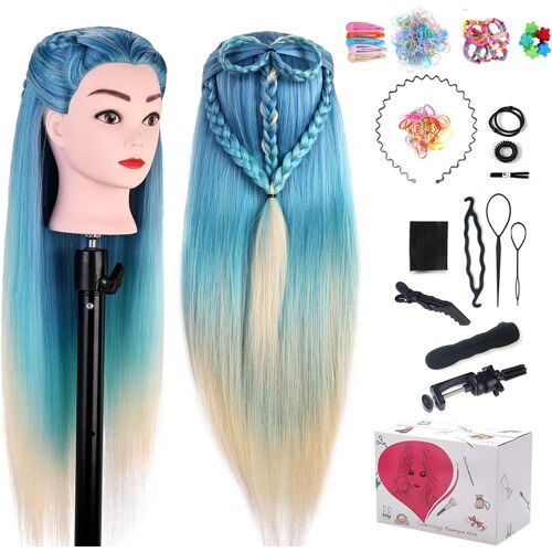 Tete a Coiffer, 75 cm/ 29,5'' Tête à Coiffer Professionnel, Cheveux 100% Synthétiques, Têtes d'exercice Mannequin Poupée pour le Salon avec Support + Ensemble de Tresse, Bleu Clair + Beige