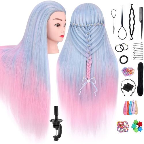 75 Cm Tête À Coiffer, 100% De Cheveux Synthétiques Têtes D'exercice Pour Coiffure Cosmétologie Pratique Mannequin Pour Le Salon Avec Titulaire + Hairdressing Outils, Bleu Clair + Rose 