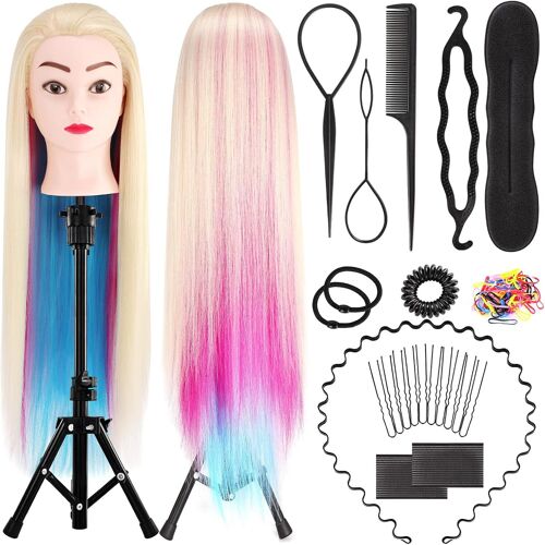 Tête D'exercice, 29 Pouces Tête de Coiffure 100% Fibre Synthétique Cosmétologie Mannequin Poupées Tête avec Pince de Table et Ensemble de Tresse de Cheveux Bricolage