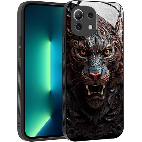 Kwex-Coque Pour Xiaomi Mi 11 Lite 4g / 5g / 5g Ne - Motif Abstrait Artistique Géométrique Arrière Verre Étui, Antichoc Anti-Rayures Antidérapant Housse (Tiger)