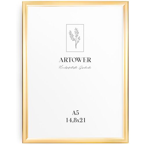 KALANKA-Cadre Photo Aluminium Doré A5 | Cadre Mural Décoratif pour Salon Chambre et Maison | Petit Tableau DIN A5 15x21 cm | Cadre Décoration Dessin Diplôme et Poster 14,8 x 21cm