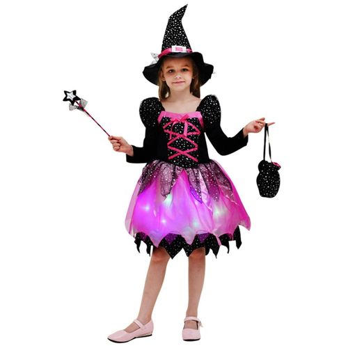 Costume De Sorcière Pour Fille 100 Cm Avec Lumières, Ensemble Cosplay 4 Pièces Pour Enfants, Robe Noire Et Rose Pour Halloween Ou Carnaval (Chapeau, Baguette Magique, Vêtements, Bonbons)