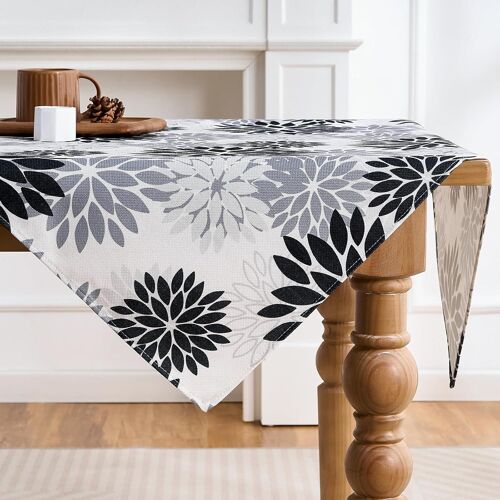 Chemin Table Dahlias Noir Gris Nappe Moderne Chemins De Table De Cuisine En Intérieur Décor De Fête/Vacances Tablecloth Imperméable Anti Tache Carré Décoration Motif Fleurs 85 X 85 Cm