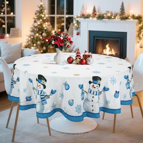 Bonhomme De Neige Nappe De NoëL, Nappe De Table Hiver Flocons De Neige Bleu Rond Antitache Imperméable Lavable pour Cuisine FêTe De NoëL Vacances DéCoration D'IntéRieur(180 x 180 cm)