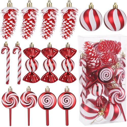TRAHOO-Lot de 15 Boules de Noël, Décorations pour Sapin de Noël, Canne en Bonbon, Pommes de Pin, Sucettes, Bonbons, Pendentifs à Suspendre, Decoration Noel Sapin Rouge et Blanc