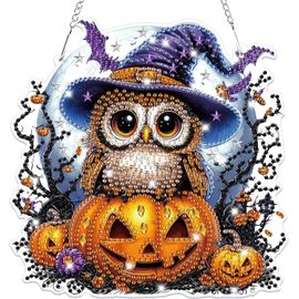 Trahoo-5d Hibou Diamond Painting Halloween Pendentif Avec Chaîne, Kit Diamond Painting Citrouille Adulte Enfant, Diy Diamant Couronne Porte Exterieur Jardin Maison Cadeaux Décoration D'halloween