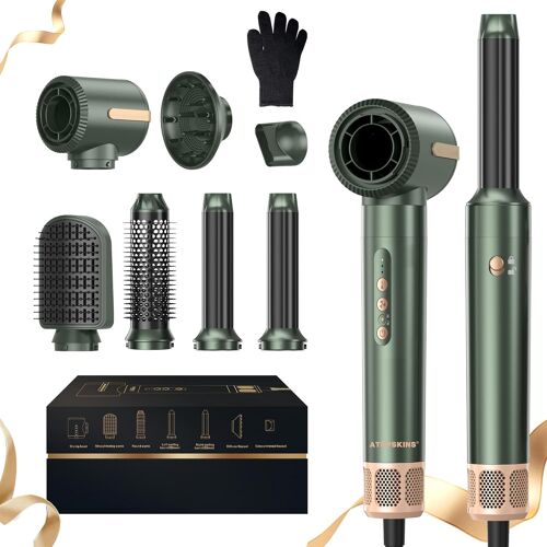 7 En 1 Air Styler&sèche-Cheveux,Brosse Souflante,110000 U/Min Seche Cheveux Avec Diffuseur,Airflow Fer À Boucler À Air De 30.5 Mm,Hair Styler Professionnel | Lisser,Boucler Les Cheveux,Vert