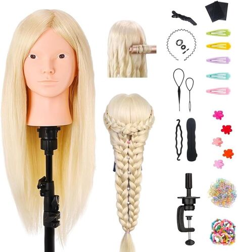 Tete A Coiffer, 66cm/26"" Tete Mannequin 70% Cheveux Naturel Têtes D'exercice Pour Le Salon Cosmétologie Coiffeur Poupée Avec Support + Ensemble De Tresse + 8 Pcs Extension Cheveux Colorés 
