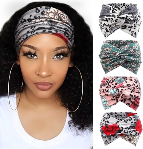 4 Pièces Bandeau Cheveux Femme Boho Bandeaux Vintage Fleur Imprimé Hair Bandeau Cross Noué Élastique Bande de Cheveux Accessoire