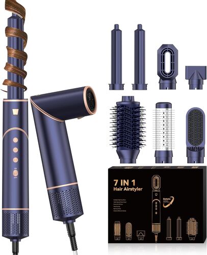 Pro Air Brush Styler 7 En 1 Brosse Soufflante Sèche Cheveux Haute Vitesse Sèche-Cheveux Ionique [110,000 Tr/Min] Avec 7 Accessoires De Coiffure Femme Cadeau Ensemble De Brosses À Air Chaud, Bleu