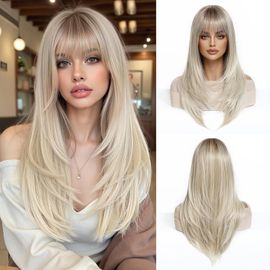 Lange Perruque Droite Blonde Pour Femmes Avec Frange - Cheveux Synthétiques Naturels Dégradés Pour Usage Quotidien & Soirée 