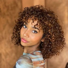 Perruque Cheveux Humains Bouclés Jerry Curl Bob Avec Frange 150 % Densité, 35 Cm, P4/30/27 