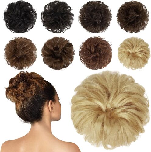 Chignon Postiche Cheveux Humains, Ondulés Blond Décoloré Extension De Cheveux Naturel Élastiques Cheveux Bouclés Chouchou Postiches Pour Femme 