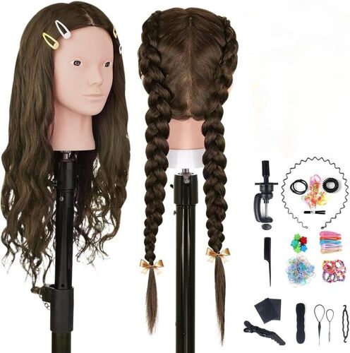 Tete A Coiffer, 66cm/26"" Tete Mannequin 70% Cheveux Naturel Têtes D'exercice Pour Le Salon Cosmétologie Coiffeur Poupée Avec Support + Ensemble De Tresse + 7 Pcs Extension Cheveux Colorés 