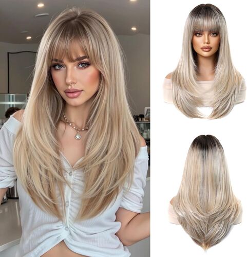 Perruques Femme Longues Lisses Blondes Mélangées Fibres Synthétiques Naturelles Ombre Pour Usage Quotidien Et Soirée 