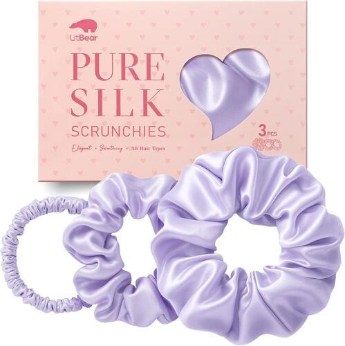 Litbear Lot de 3 chouchous en soie de mûrier 100% pure soie de mûrier en 3 tailles, anneaux à cheveux pour dormir, doux pour les cheveux contre la casse (rose + violet + noir)