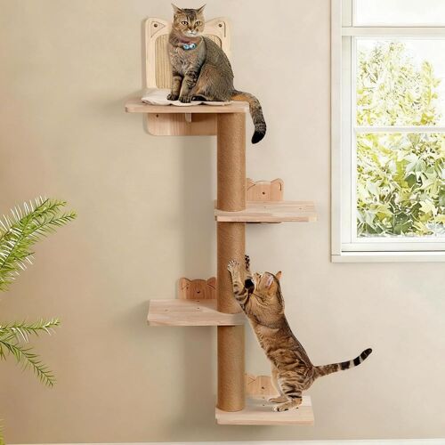 Arbre À Chat Mural Pour Chats Jusqu'à 20 Kg, Quatre Étages, Hauteur 110 Cm, Arbre À Chat, Montage Mural En Bois Massif, Mur D'escalade Pour Chat, Avec 3 Plateformes, Éléments Muraux Pour Chats
