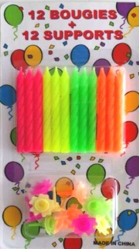 12 Bougies D'anniversaire Fluos Classiques Avec Supports