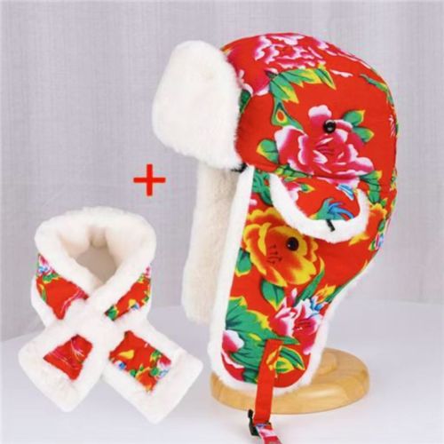 Style Chinois Grand Tissu Floral Nouvel An Tendance Nationale Épaissi Et Chaud Rétro Mignon Locomotive Chapeau Pour Femmes Ensemble Deux Pièces