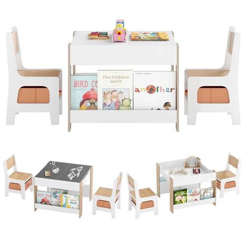 Costway Table 4 En 1 Et 2 Chaises Enfants - Plateaux Réversibles Double Face & Bibliothèques Latérales Tiroirs En Tissu Orange